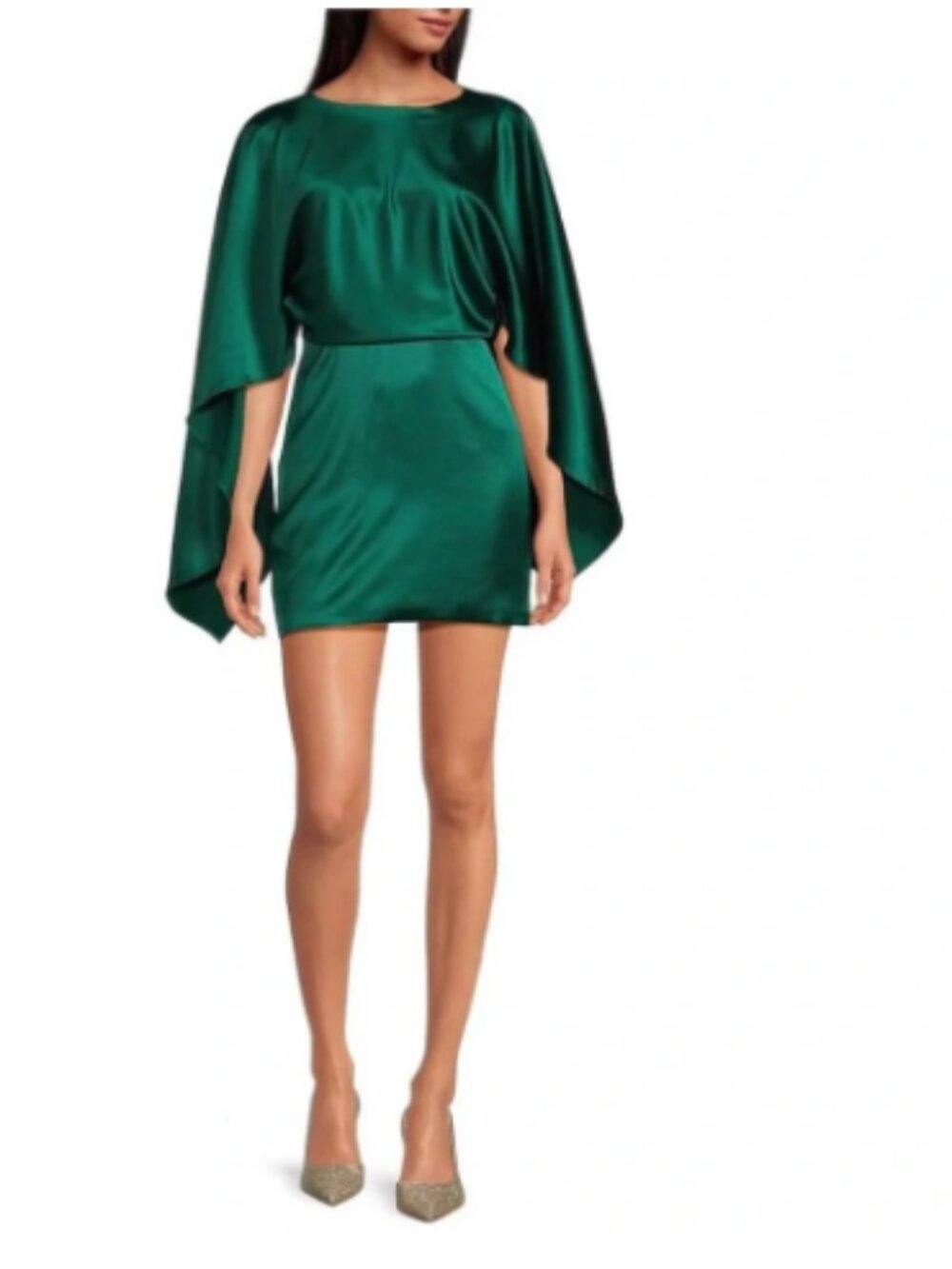 NWT 12th Tribe Rachel Emerald Satin Cape Sleeve Open Back Mini Dress Party